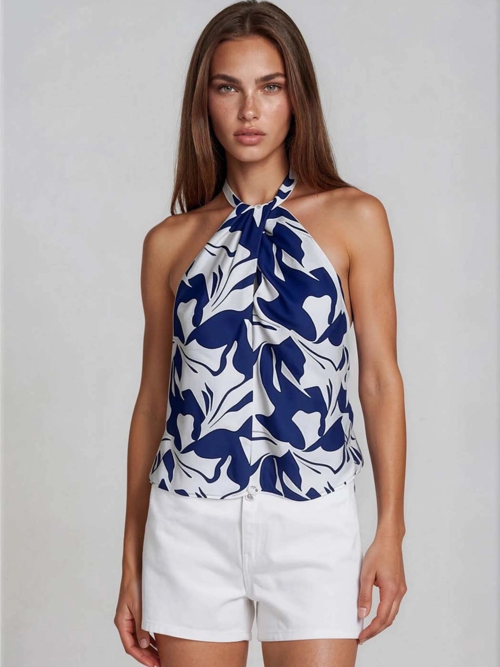 Gilli Navy & White Halter Floral-Print Tank